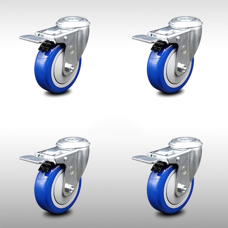 Service Caster 4 Inch SS Blue Polyurethane Swivel Bolt Hole Caster Set with Total Lock Brake SCC-SSBHTTL20S414-PPUB-BLUE-4